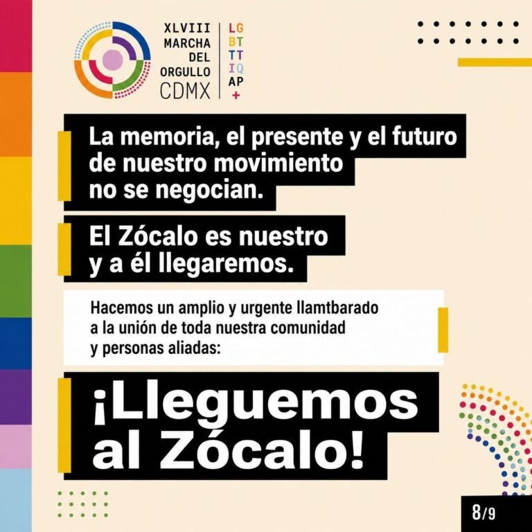 Colorful protest poster with bold black text blocks announcing: 'La memoria, el presente y el futuro de nuestro movimiento no se negocian' and '¡Lleguemos al Zócalo!', plus a call to unite toward the Zócalo.