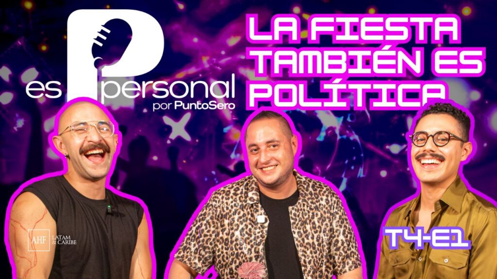 Promotional banner for a show with three smiling hosts and neon text reading 'La Fiesta También Es Política'